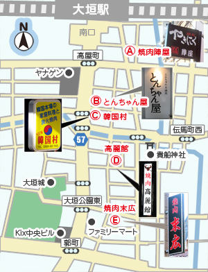 大垣駅周辺の焼肉店地図